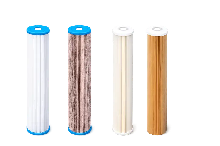 Four sediment cartridges showing a clean white cartridge and progressively dirtier used cartridges