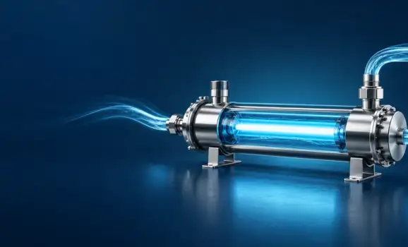 Stainless-steel UV-C water treatment chamber with illuminated lamp