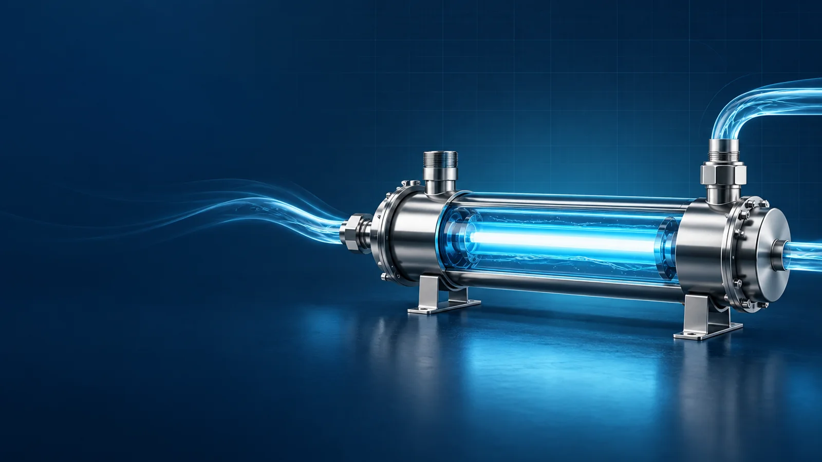 Stainless-steel UV-C water treatment chamber with illuminated lamp